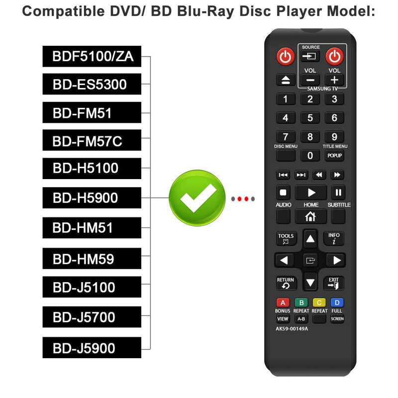 Gvirtue AK59-00149A Remote Replacement for Samsung DVD BD Blu-Ray Disc Player Remote, Applicable BDF5100/ZA BD-ES5300 BD-FM51 BD-FM57C BD-H5100 BD-H5900 BD-HM51 BD-HM59 BD-J5100 BD-J5700 BD-J5900