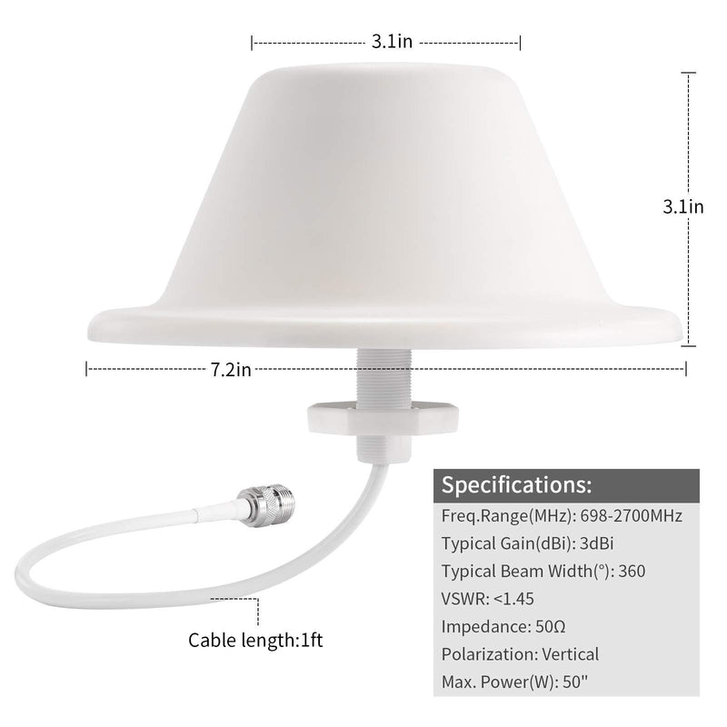 Dome Ceiling Antenna, XRDS-RF Omni-Directional Indoor Antenna 3G/4G/GSM/LTE High Performance Wide Band Antenna with N-Female Connector for Cell Phone Signal Booster Router Gateway (698 to 2700 MHz)