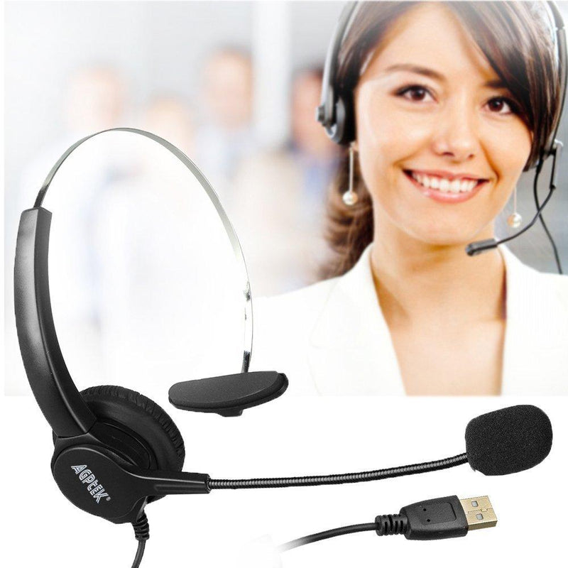 AGPtEK Hands-Free Call Center Noise Cancelling Corded Monaural Headset Headphone with Mic Mircrophone - Cord with USB Plug, Volume Control