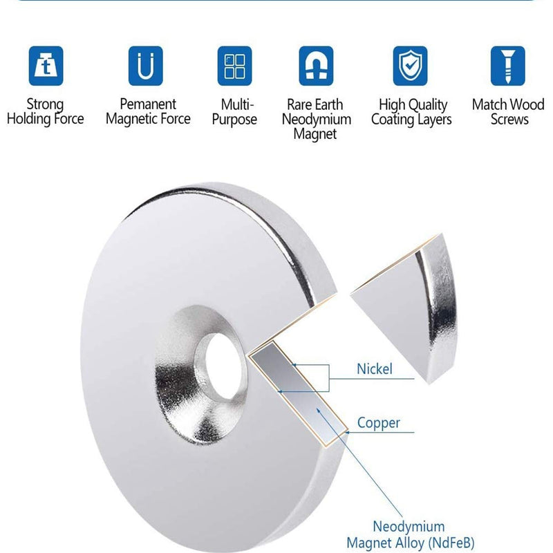 Neodymium Disc Countersunk Hole Magnets,JUNAN 20 Pack 0.37 inch Dia x 0.1 inch Thick Hole 0.13 inch Strong Permanent Rare Earth Magnets with 20 Screws