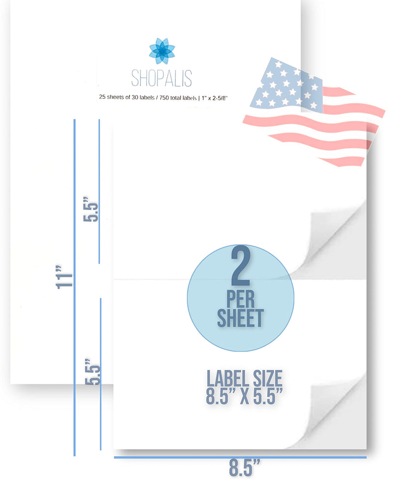 SHOPALIS 1/2 Sheet 100 Shipping Labels | Self Adhesive, Square Corner | Laser & Inkjet Printers, 8.5 x 5.5 Inches, White, Pack of 50 Labels | 25 Sheets