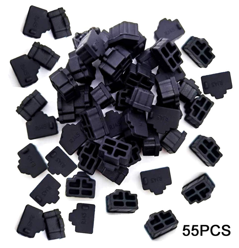Silicone 55Pcs Ethernet Hub Port RJ45 Anti-Dust Cover Plugs Protector Stopper Cap for Female Port Black for TV,Computer,Other Devices.