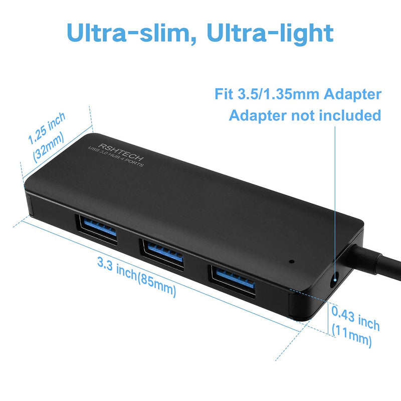 USB Hub 3.0 Splitter RSHTECH Aluminum USB Port Expander Ultra Slim 4 Port USB 3.0 Data Hub for Laptop and PC Black (RSH-336B) Full Black USB 3.0 hub