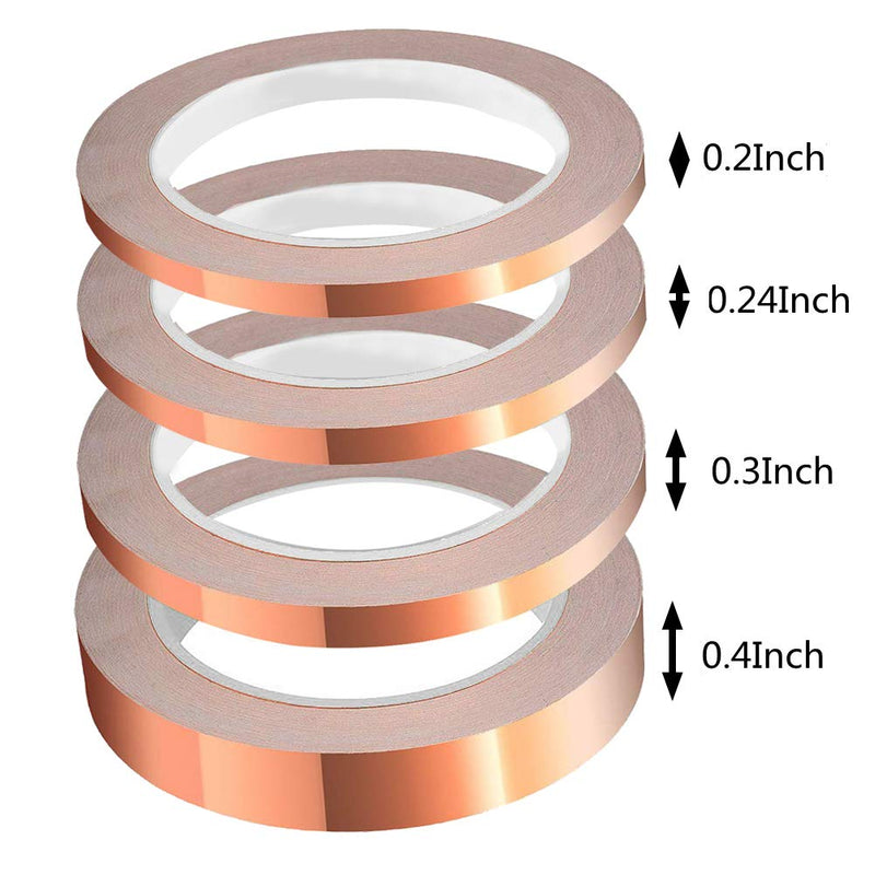 4 Pack Copper Foil Tape with Conductive Adhesive 4 Sizes (0.2/0.24/0.3/0.4Inch) x22Yards Copper Tape