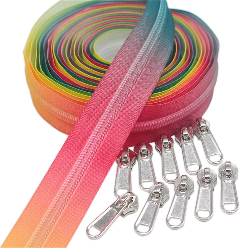 YaHoGa #5 Colorful Zipper Tape Nylon Coil Zippers by The Yard Bulk 5 Yards with 10pcs Silver Sliders for DIY Sewing Tailor Craft Bags (Rainbow Tape) Rainbow Tape
