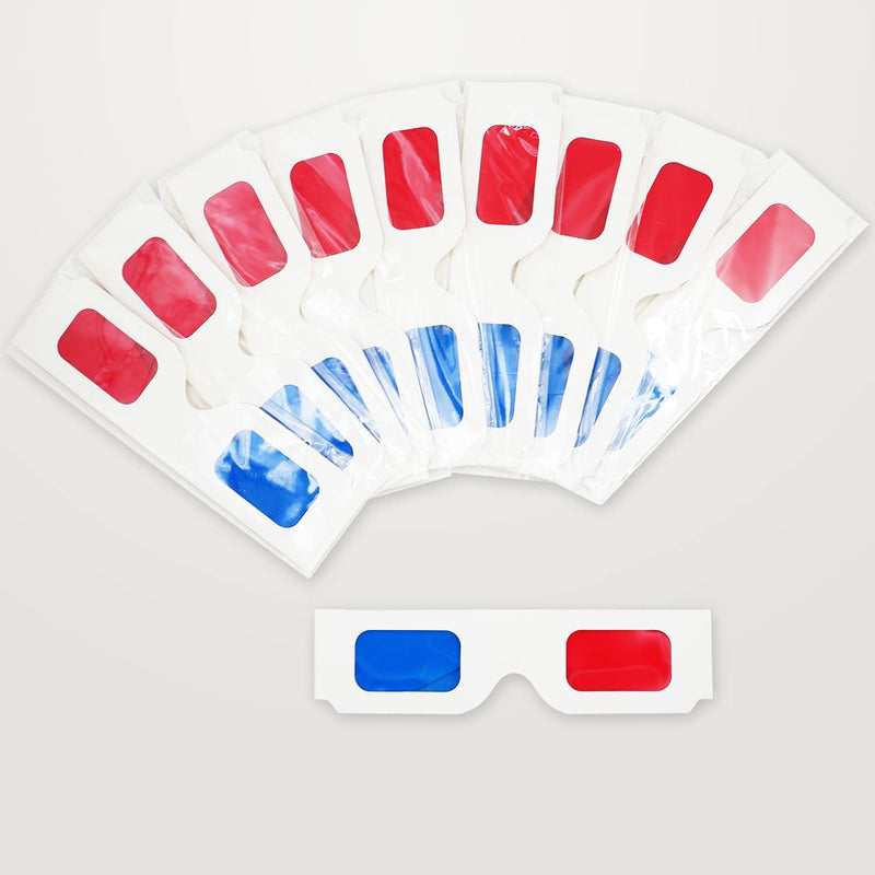 10 Pairs 3D Paper Glasses, Red and Cyan Lens in White Frame Anaglyph Cardboard for Movies - Folded in Protective Sleeve