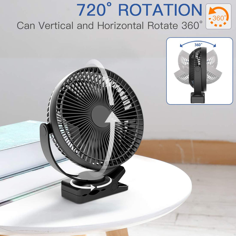 KOONIE 10000mAh Rechargeable Portable Fan, 8-Inch Battery Operated Clip on Fan, USB Fan, 4 Speeds, Strong Airflow, Sturdy Clamp for Office Desk Golf Car Outdoor Travel Camping Tent Gym Treadmill Black