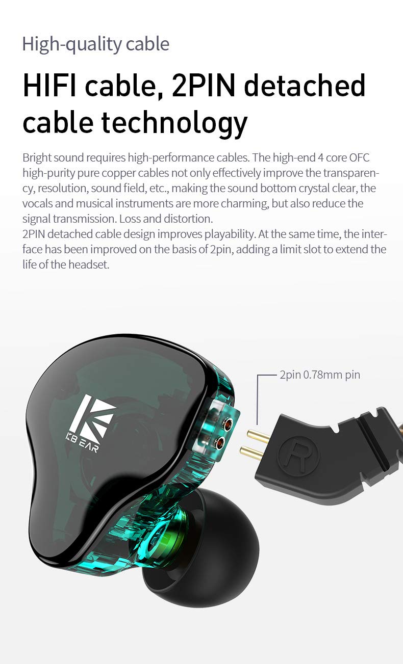 KBEAR KS2 Ear Monitor, Stereo Sound in Ear Headphone, Yinyoo HiFi Monitor Ear Earbud Headset Noise Cancelling Hybrid 1BA 1DD Earphone with Removable Cable for Running Walking (no mic, KS2 Black) without mic