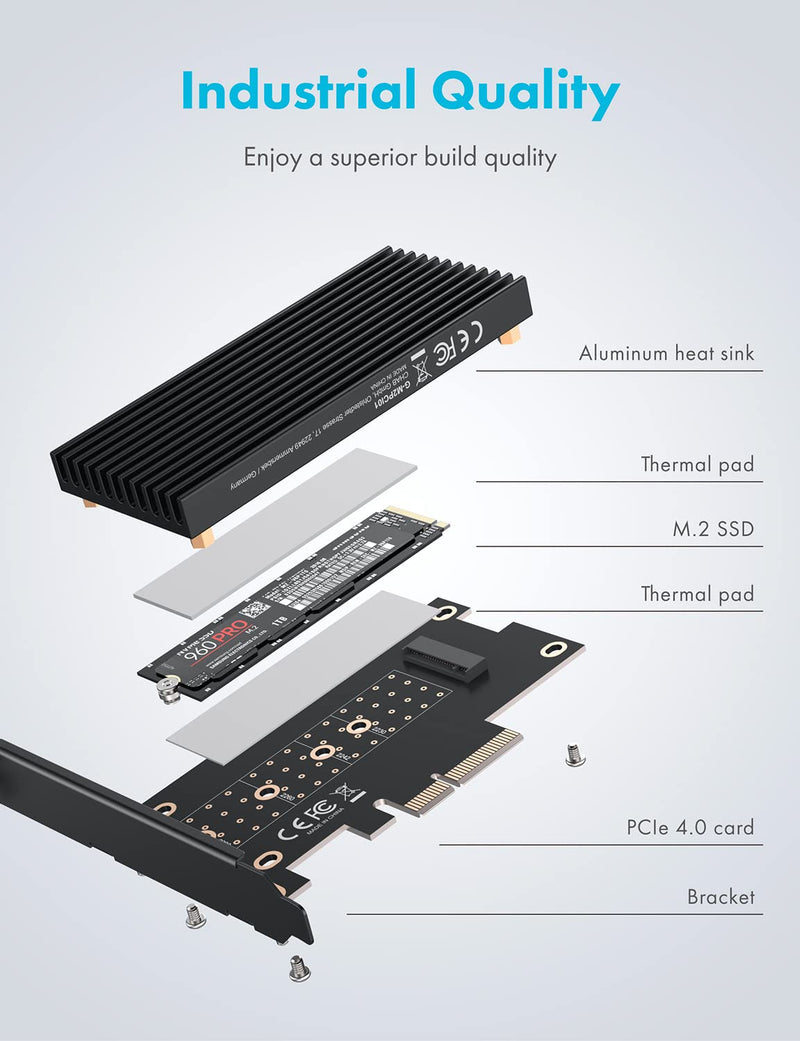 GRAYEAR | M.2 PCIe 4.0 card | for M.2 NVMe SSD | M key | 4X silicone thermal pads | Large aluminum heatsink | 2280, 2260, 2242, 2230 | High + low profile slot bracket | G-M2PCI01