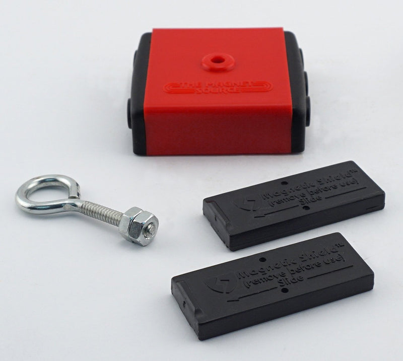 Master Magnetics 07504 Retrieving and Holding Magnet, Durable Plastic, 40 lb, 2.375" Length, 2.375" Width, 0.75" Height with Eyebolt, Nuts and Magnetic Shields, Red/Black