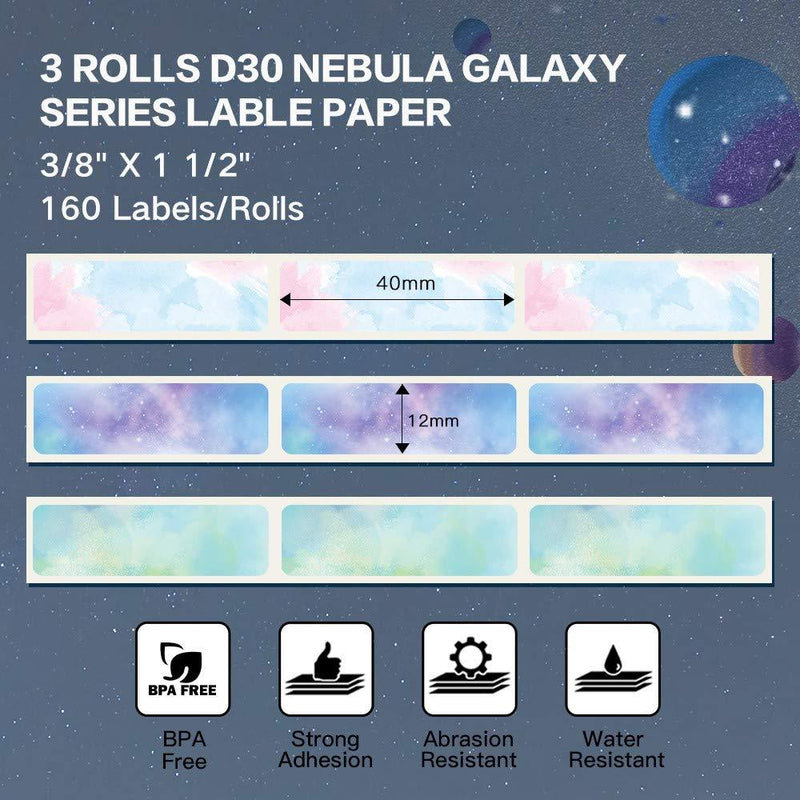 Phomemo D30 Adhesive Nebula/Galaxy Series Pattern Paper 3/8" X 1 1/2" (12mm X 40mm) 160 Labels/Roll, 3 Roll Blue