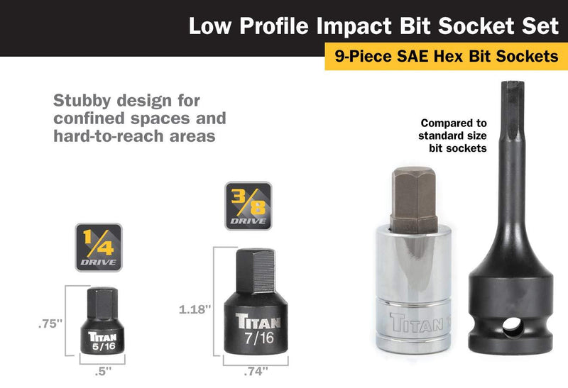 Titan Tools 16140 Low Profile Stubby SAE Hex Bit Socket Set - 9 Piece 1/4, 3/8-Inch Dr. SAE Hex