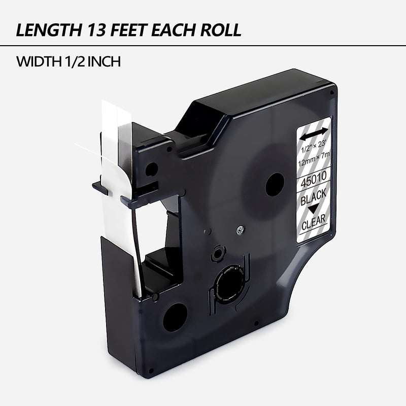 4 Pack Compatible D1 Label Tape Replacement for Dymo D1 Black on Clear Label Tape 45010 S0720500, 1/2 Inch x 23 Ft D1 Clear Tape for LabelManager 160 280 220P 450 360D 210D Label Maker