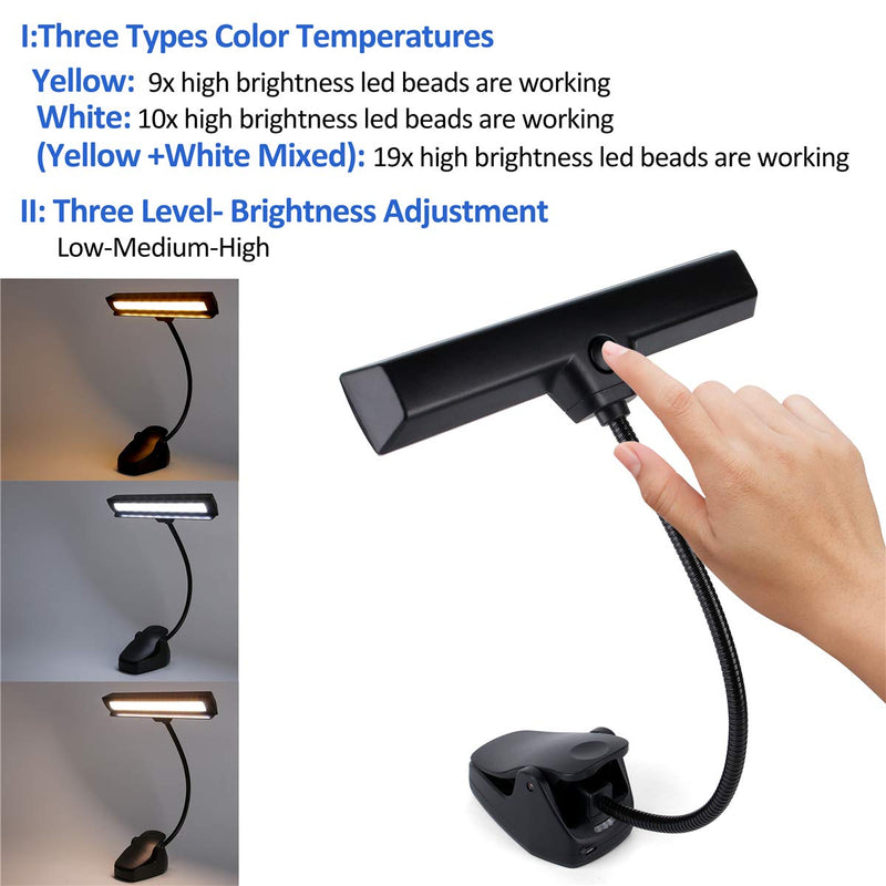 Rechargeable Music Stand Light, 19 LEDs Clip On Reading Light - 3 Level Brightness Settings, 3 Color Temperature Optional (Warm/Cool White/Natural Light Color), Perfect for Piano, Reading, Sewing Black