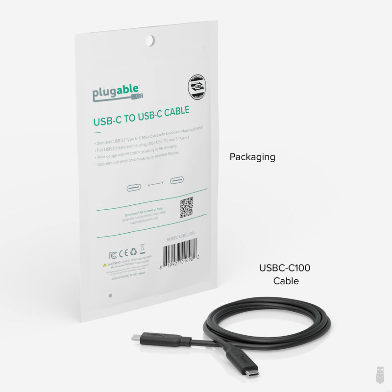 Plugable 10Gbps USB C to USB C Cable, 3.3 feet (1 Meter), 5A, USB-IF Certified, USB 3.1 Gen 2 Type-C - Driverless