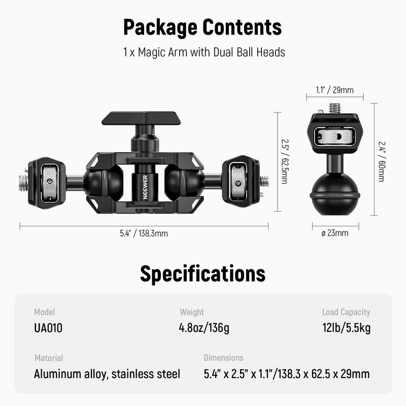 NEEWER Flexible Articulating Magic Arm with Dual Ball Heads, 3/8" Locating Screw for ARRI and 1/4" Screw with Retractable Pin, Camera Field Monitor Mount Compatible with SmallRig Cage, UA010