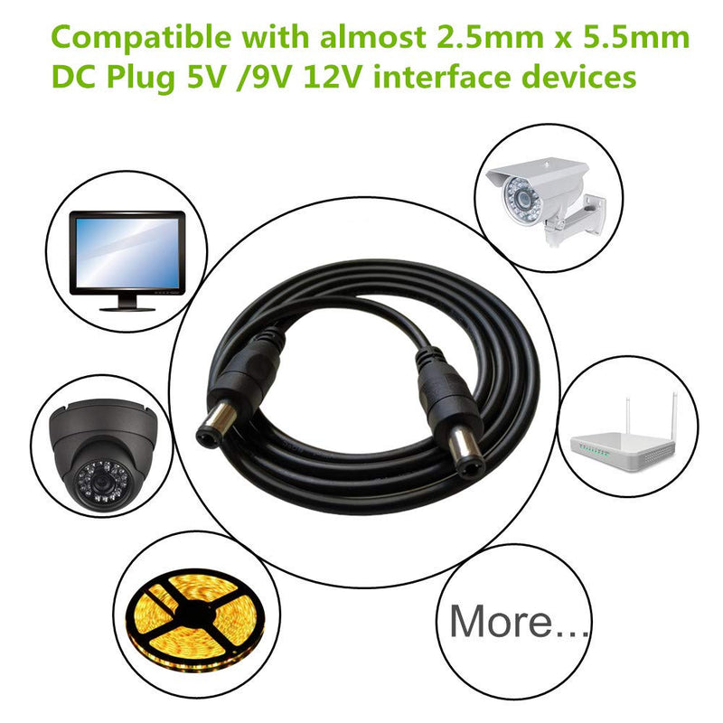 DZYDZR 2pcs 1 Meter 2.5mm x 5.5mm DC Extension Cable Black 22 AWG Copper Wire Male to Male Plug Max 24V 3A (3.3ft)
