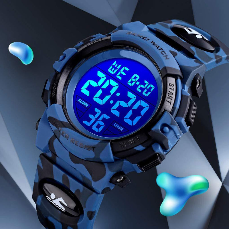 Boys Watch Digital Sports Waterproof Electronic Childrens Kids Watches Alarm Clock 12/24 H Stopwatch Calendar Boy Girl Wristwatch Blue Camo