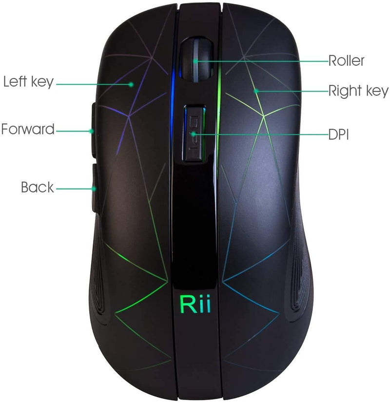 Rii RM200 Wireless Mouse,2.4G Wireless Mouse 5 Buttons Rechargeable Mobile Optical Mouse with USB Nano Receiver,3 Adjustable DPI Levels,Colorful LED Lights for Notebook,PC,Computer-Black