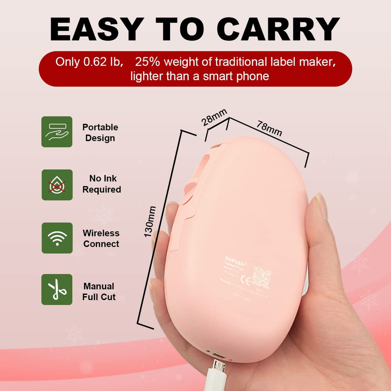 Supvan Bluetooth Label Maker Machine Indoor Outdoor Mini Pocket Smartphone Inkless Handheld Sticker Mini Labeler Multiple Templates Available Rechargeable Compatible with iOS&Android E10 Pink