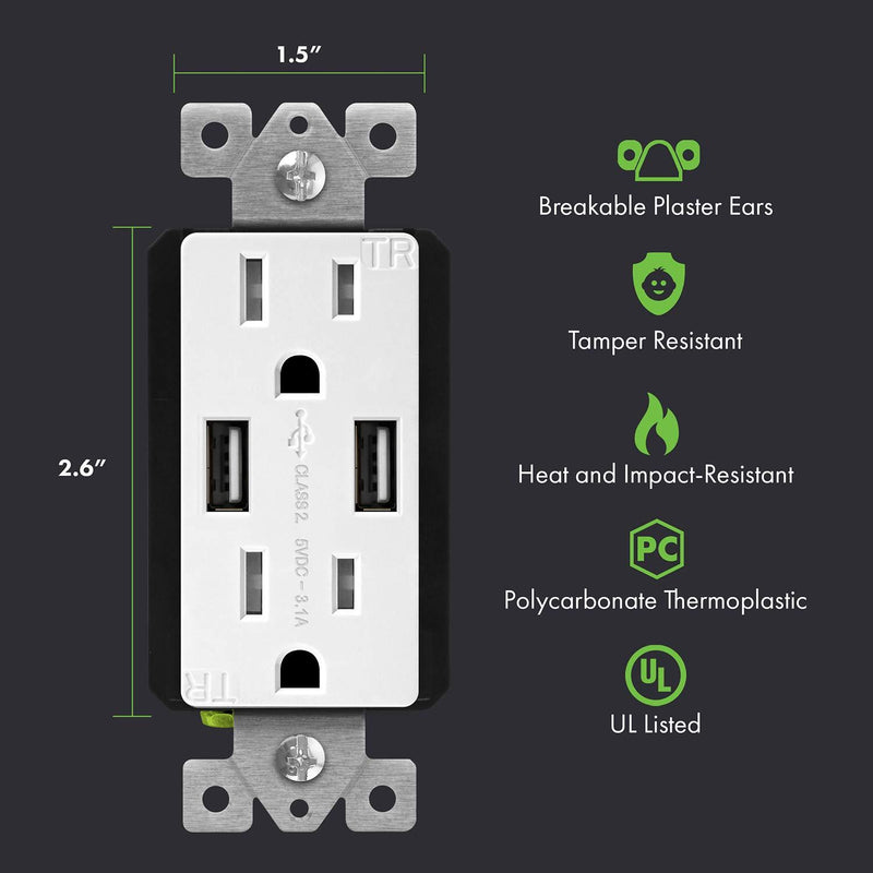 TOPGREENER TU2153A-2PCS TU2153A USB Outlet, 2 Pack, White, 2 Count