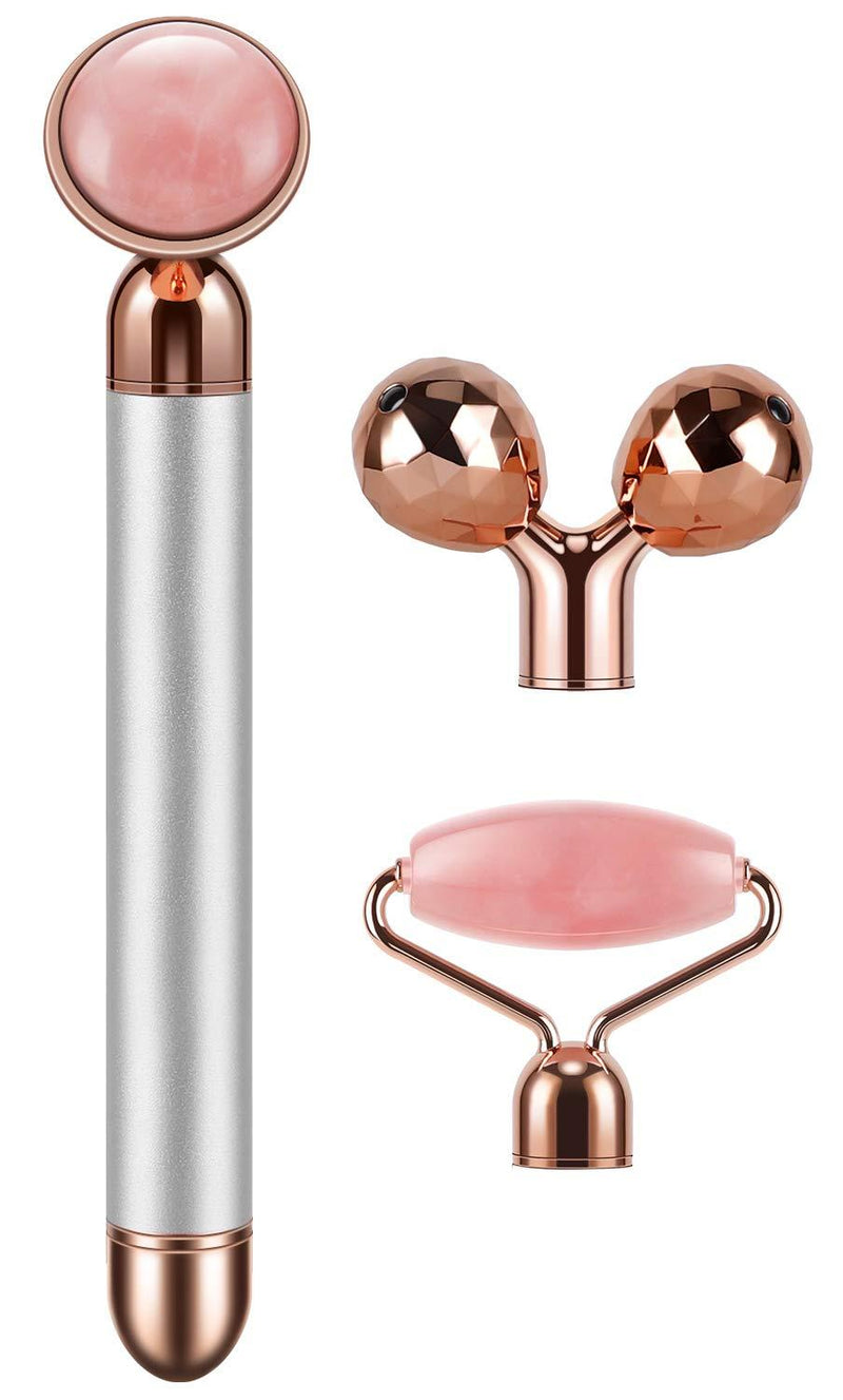 3-IN-1 Electric Jade Roller Vibrating Facial Roller & Face Massager, Rose Quartz Rose Silver