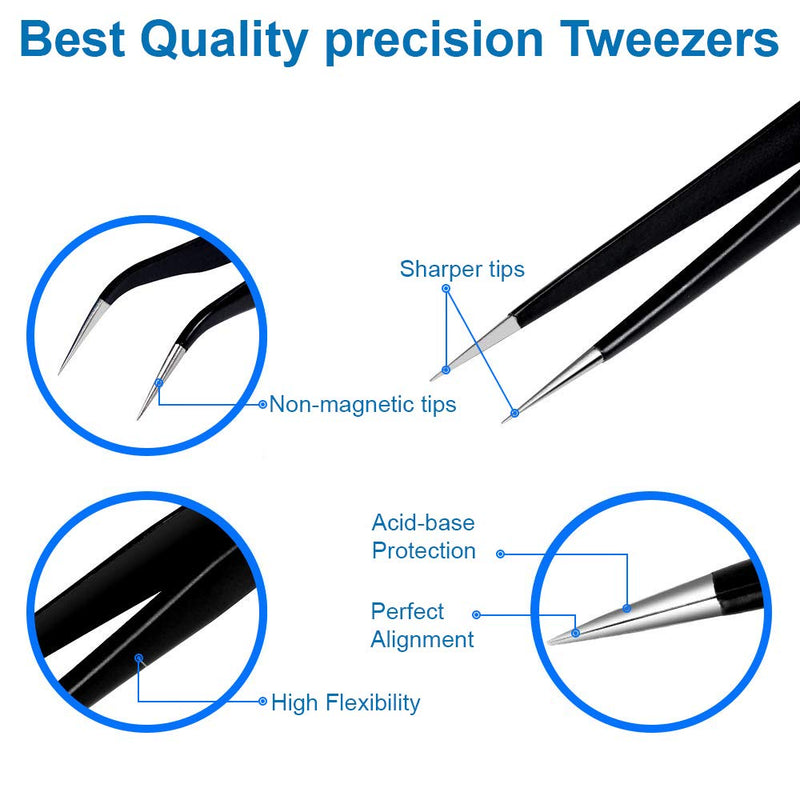 MMOBIEL 7x Precision Tweezers Set - Anti-Static Stainless Steel ESD Tweezers - For Electronics, Laboratory Work, Jewelry, Craft, Soldering and more