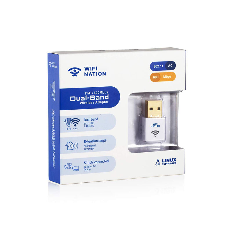 WiFi Nation® WiFi Dongle Mini 802.11ac AC600 USB WiFi Adapter, chipset: Realtek RTL8811AU, Dual Band 2.4GHz or 5GHz, Windows, MacOS, Linux Supported - White