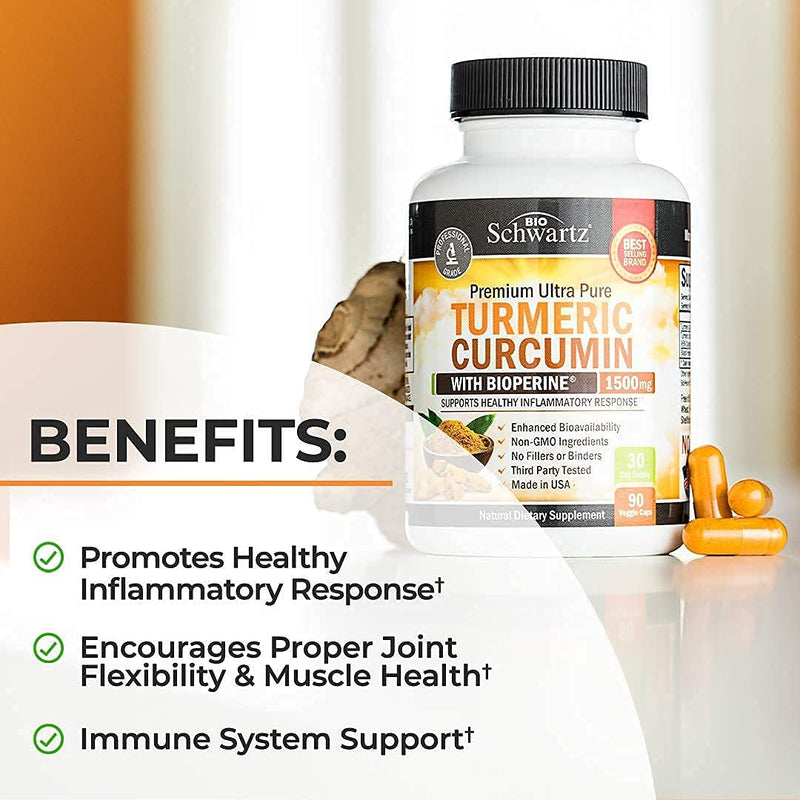 Turmeric Curcumin with BioPerine 1500mg - Natural Joint & Healthy Inflammatory Support with 95% Standardized Curcuminoids for Potency & Absorption - Non-GMO, Gluten Free Capsules with Black Pepper.