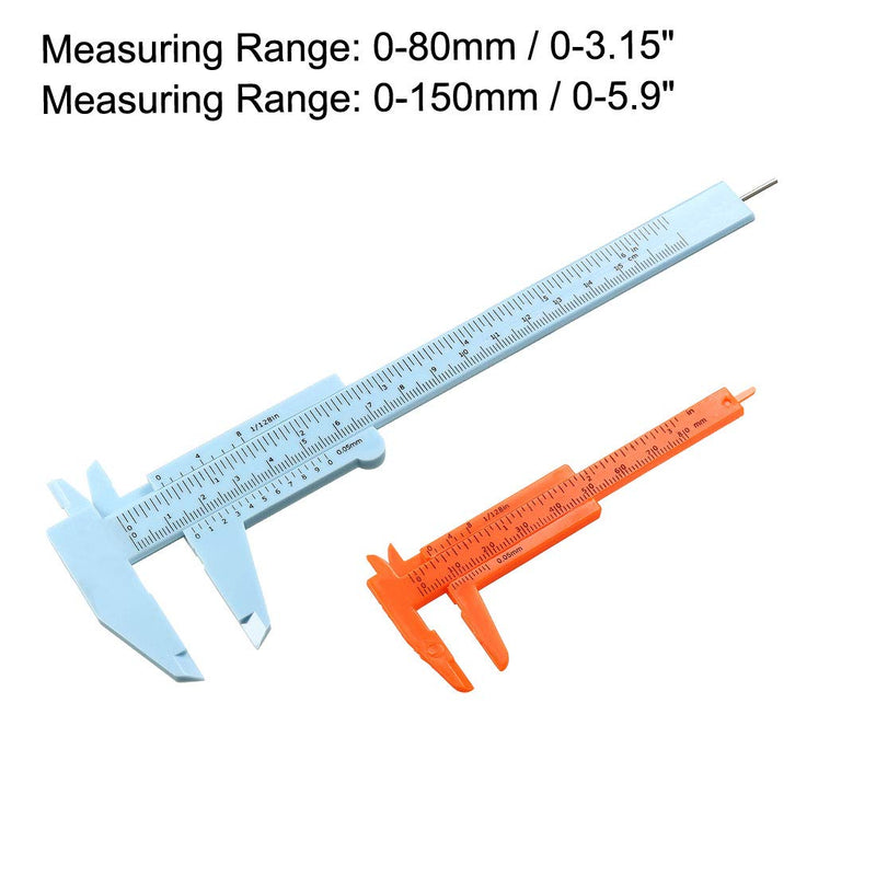 uxcell Vernier Caliper 80mm 150mm Mini Double Scale Plastic Ruler Measuring Tool Blue Orange 1 Set