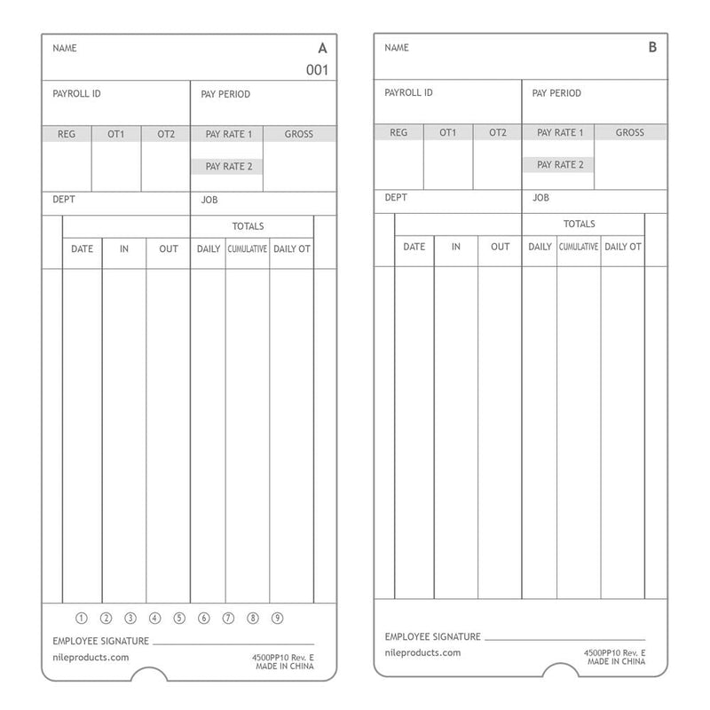 Nile Products, 4500PP10, genuine and authentic time cards for the Nile Products model number 4500PP calculating time clock, 100 per pack, time cards