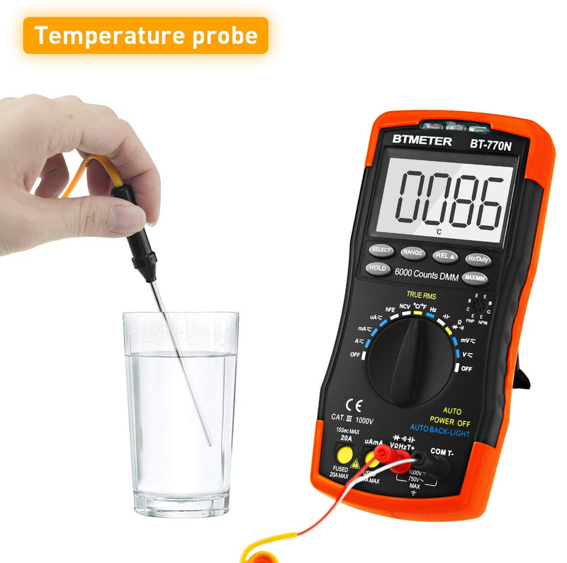 BTMETER BT-770N TRMS Auto Manual Ranging Multimeters, 6000 Counts Digital Multimeter AC DC Amp Ohm Volt Meter hFE LED Capacitor Tester to 99.99mF with Thermometer Backlit