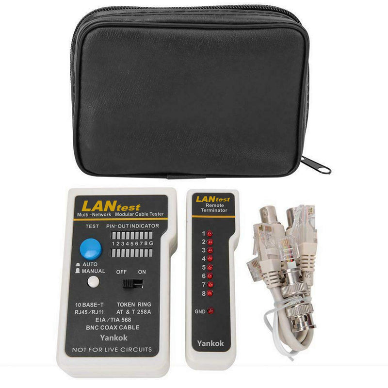 Yankok [Network Cable Tester] for 10Base-T, 10Base-2 Ethernet, RJ11/RJ12/RJ45 Modular Cables, 258A, TIA-568A/568B and Token Ring Cables (with 2x RJ-45-to-BNC Adapter, 1x BNC Connector, 1x Carry Pouch) RJ45 & COAX (Black)