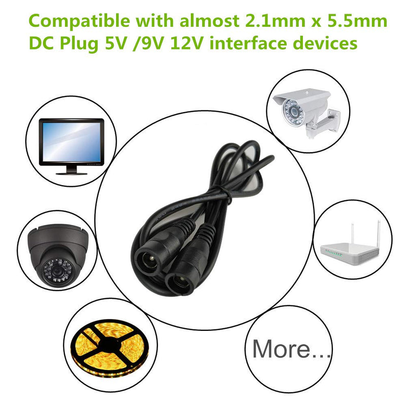 DZYDZR 2pcs 1 Meter 2.1mm x 5.5mm DC 12V Adapter Cable DC Plug Extension Cable Female to Female Black, for LED, CCTV, Car, Monitors, and More (3.3ft)