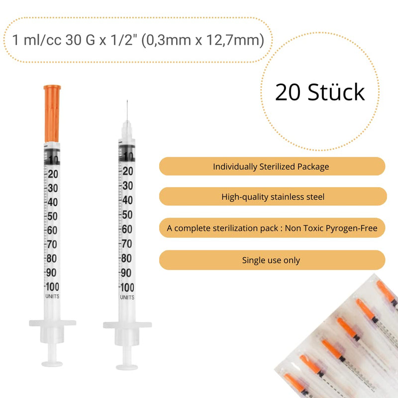 20pcs 1ml/cc Plastic Tube 30G (0.3 x 12.7mm), Multipurpose Measuring Tools, Individually Wrapped (30G 1/2") 20pcs