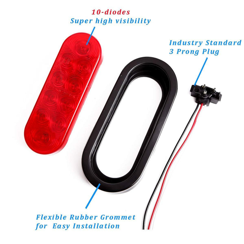 CZC AUTO 6'' LED Waterproof Oval Red Trailer Lights Rear Stop Turn Signal Parking Tail Brake Lights for Boat Trailer Truck RV (Red, 2 Pack)