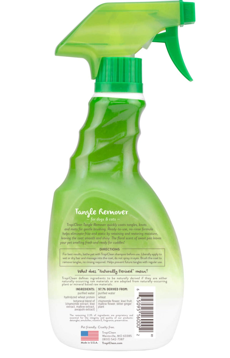TropiClean Tangle Remover Spray for Pets - Made in USA - Naturally Derived Ingredients - Ready to Use, No-Rinse Formula - Reduces Brushing Time - Helps Quickly Remove Tangles, Knots and Mats 16 oz