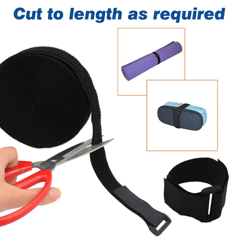 1" x20FT Hook and Loop Straps by YiwerDer, with 30 Plastic Buckles, Adjustable Fastening Cable Straps, Cut-to-Length Cinch Strap, Reusable Nylon Securing Cord Ties for Organizer or Storage - Black 1"X20FT Straps