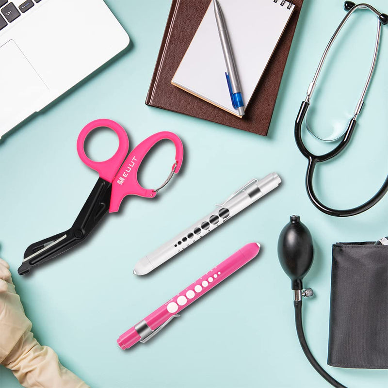 MEUUT 3 Pack Penlights for Nurses & Medical Scissors-Two LED Medical Penlights with Pupil Gauge, One 7.5" EMT Trauma Shears Bandage Scissor with Carabiner-Medical Supplies for Nurse Doctor EMT Rose Red Shear+Rose Red&Silver Penlights