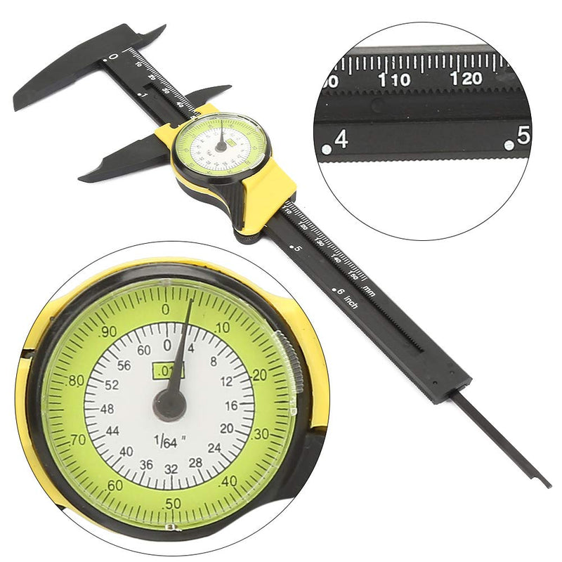 Dial Calipers 150mm, Plastic Dial Vernier Caliper Ruler Gauge Imperial Standard Measuring Tool 0.1mm Read Value(Yellow) (Yellow)