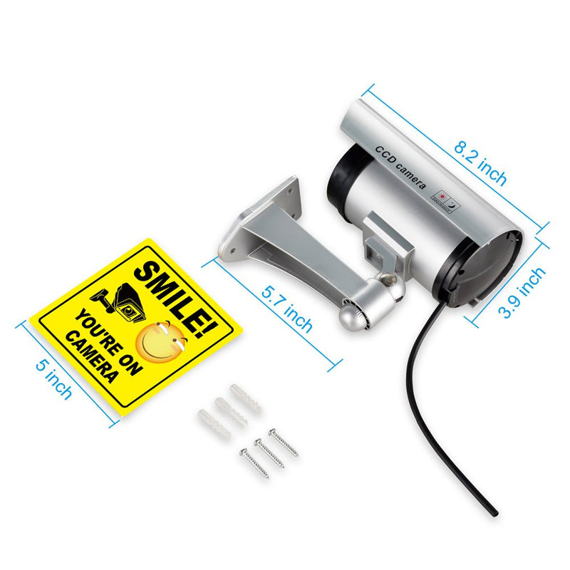 Dummy Security Camera, Fake CCTV Surveillance System with Realistic Red Flashing Lights and Warning Sticker (1, Silver)