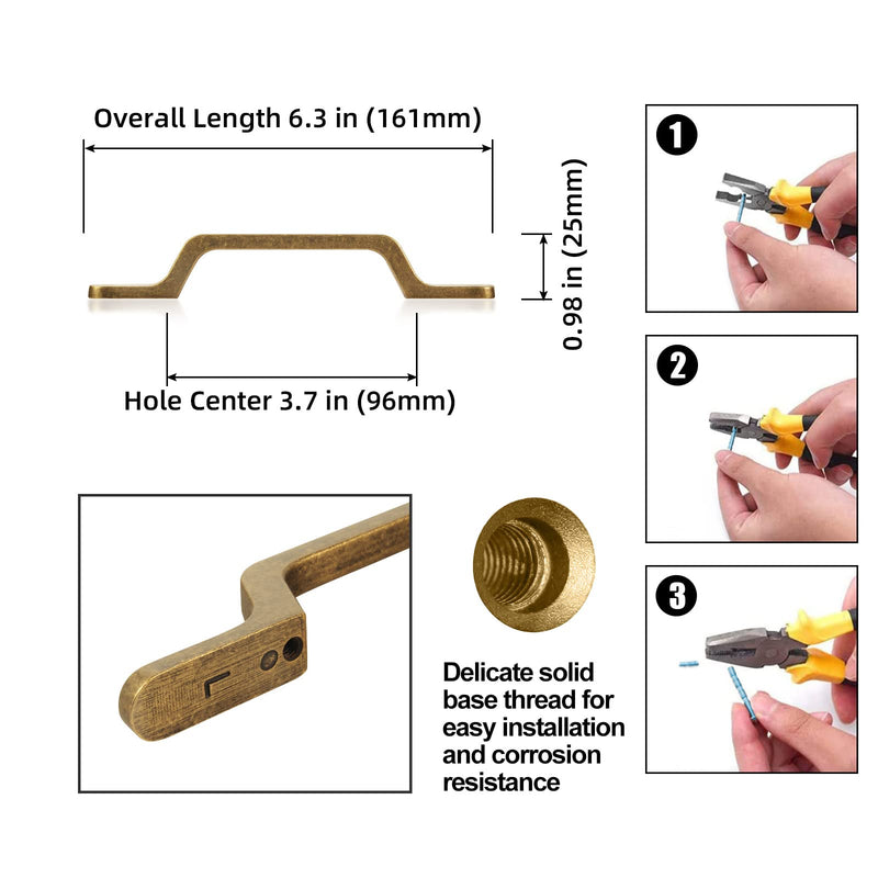 Goo-Ki 6 Pack 3.8" Hole Center Antique Brass Cabinet Handles - Retro Brass Drawer Handle for Dresser Cupboard , Vantage Bronze Bar Pulls Kitchen Hardware for Bathroom Closet Wardrobe , 1751-GT-96