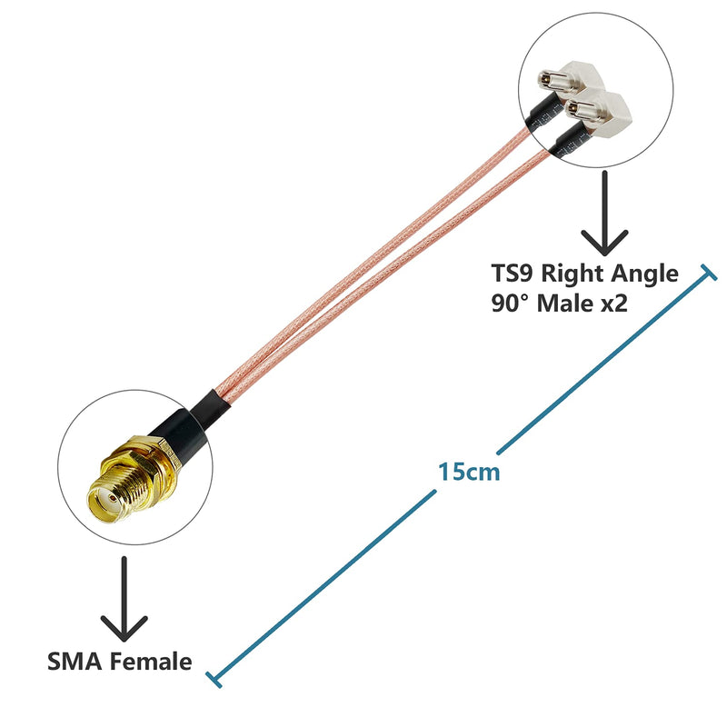 POBADY SMA-TS9 Splitter Cable SMA Female to Dual TS9 Male Right Angle 90 Degree Antenna Adapter Cable Pigtail Y Type RG316 15CM/6In for 2G 3G 4G LTE Antenna Router MiFi Mobile USB Modems