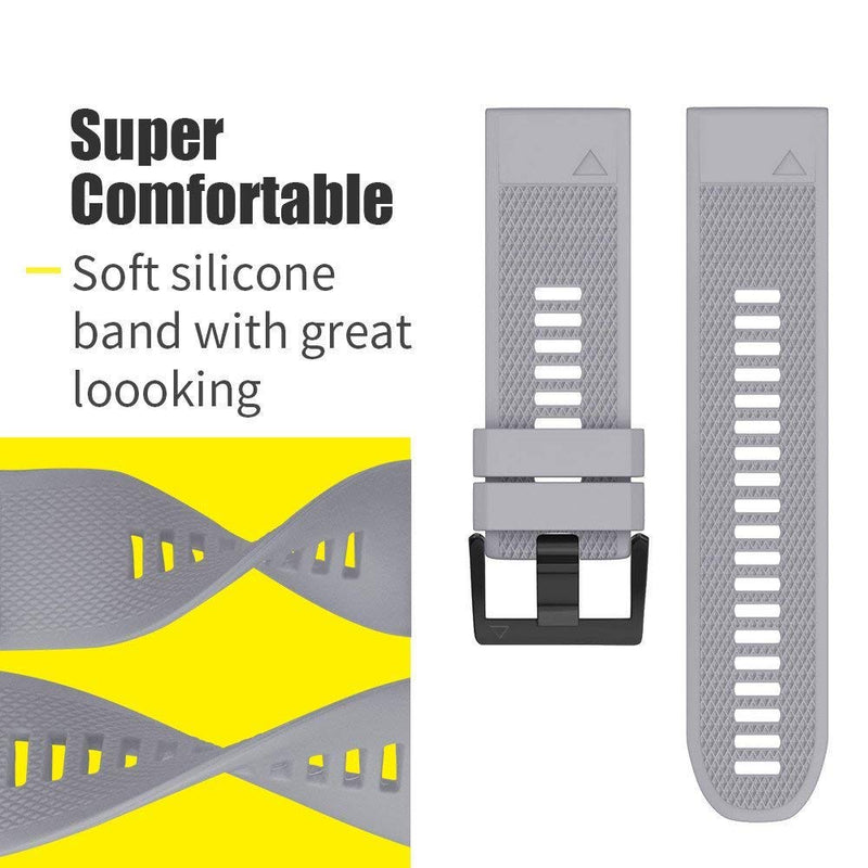 Notocity Compatible Fenix 5X Band 26mm Width Soft Silicone Watch Strap for Fenix 6X/Fenix 7X/Fenix 5X Plus/Fenix 6X Pro/Fenix 3/Fenix 3 HR/Tactix/Descent MK1/D2 Delta PX/D2 Charlie-Gray Gray