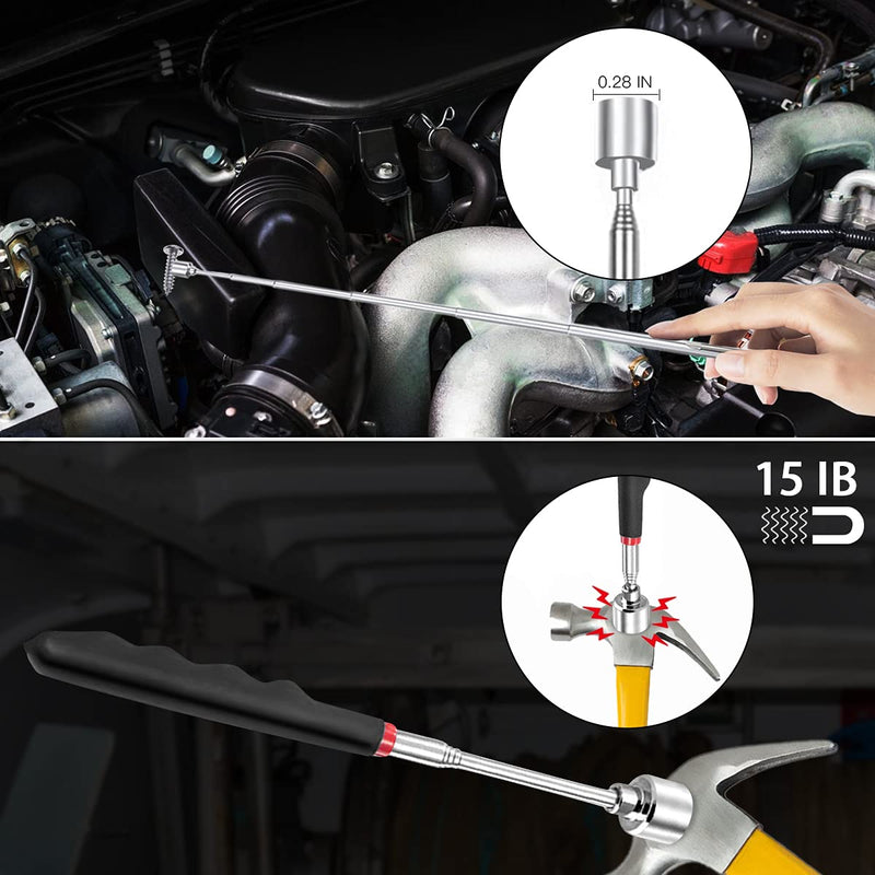 Preciva 5PCS Magnetic Telescoping Pick-up Tool Kit with 15lb and 1lb Pick Up Rod, Round and Square 360 Swivel Adjustable Inspection Mirror and Telescoping Flexible LED Flashlight (Batteries Included)