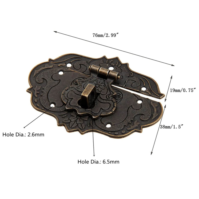 Dophee 1Pc 3"x2.24" Antique Embossing Decorative Brass Hasp Clasp Latch Lock with Screws for European Style Jewelry Trinket Box Decoration 3"*2.24"