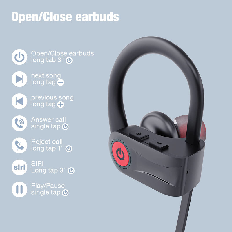 Bluetooth Headphones, Running Wireless Earbuds with 10 Hours Playtime, HD Deep Bass Stereo IPX7 Waterproof Earphones for Workout and Sports, Bluetooth 5.1 CVC 6.0 Noise Cancelling Headsets Black
