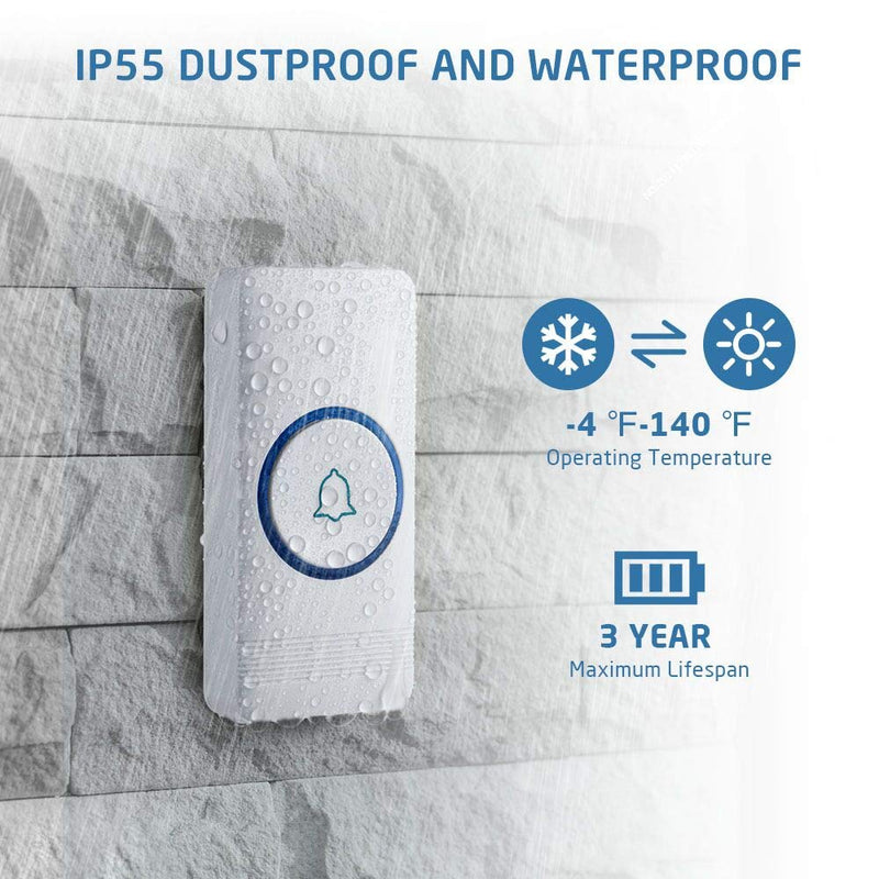 Wireless Doorbell, AVANTEK D-3W Waterproof Door Chime Kit Operating at Over 1300 Feet with 2 Plug-In Receivers, 52 Melodies, CD Quality Sound and LED Flash 2 Receivers + 1 Button White