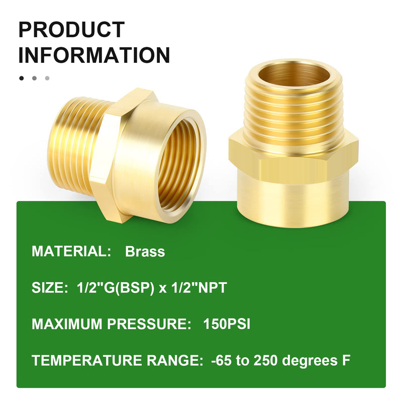 TAISHER 2 PCS Brass Pipe Fitting, Adapter, 1/2" NPT Male x 1/2" G Thread (BSP) Female 1/2" NPT Male x 1/2" G (BSP) Female