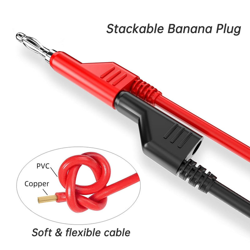 Cleqee 2PCS Multimeter Banana Plug Test Leads, Stackable 4mm Banana to Banana Plug Cable, Soft Electrical Test Cable 1m/3.3ft Wire, 1000V 15A Red Black Stackable Banana Plug Test Leads x2